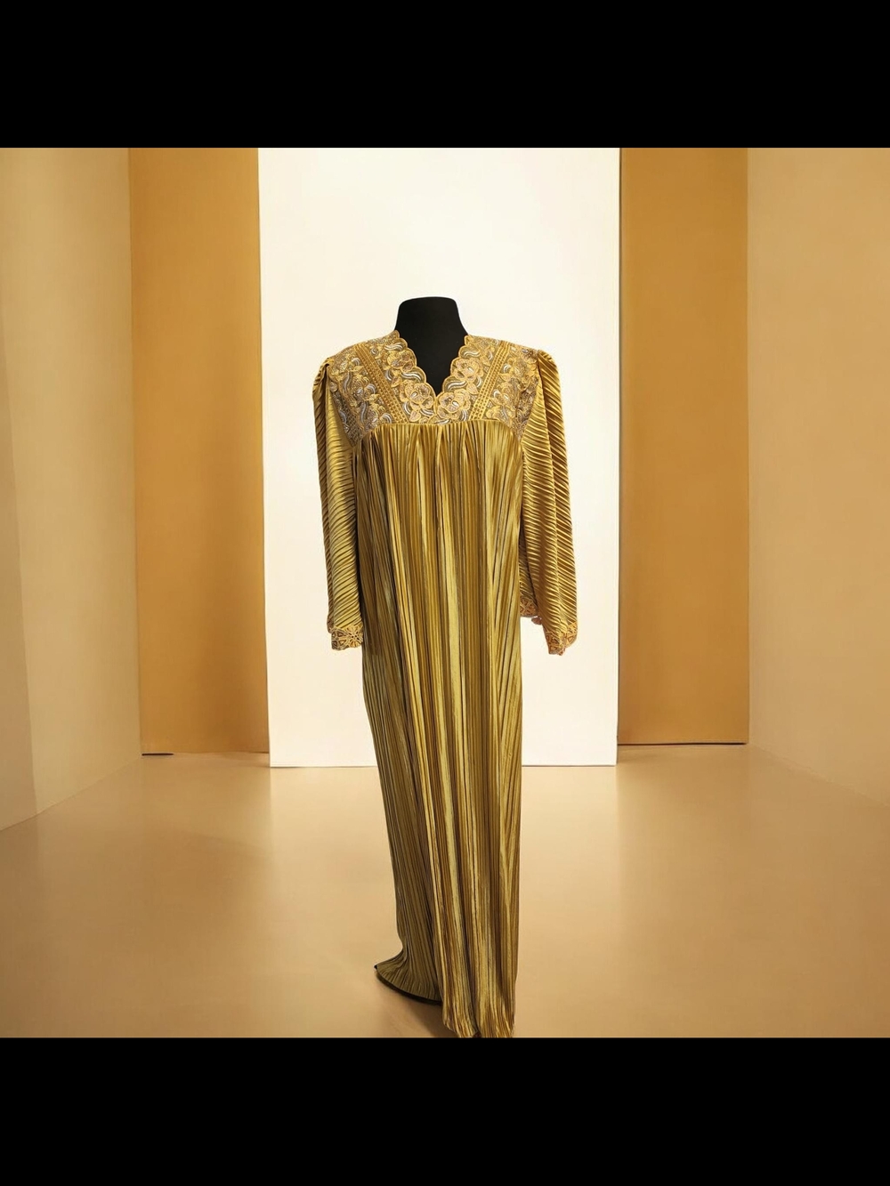Gold Pleated Caftan Robe with Embroidered Yoke